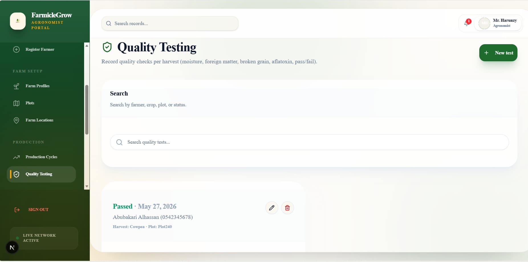 Quality Testing portal showing Passed result for Abubakari Alhassan — Cowpea Harvest on Plot240
