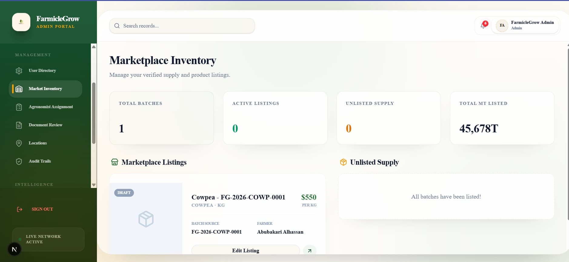 Marketplace Inventory showing total batches, active listings, unlisted supply and total MT listed