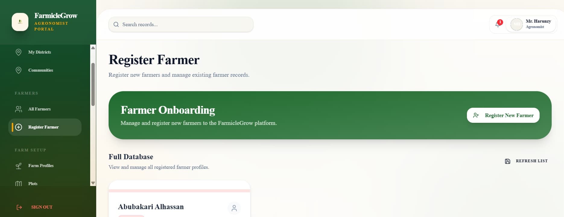 Agronomist Farmer Onboarding and Registration portal