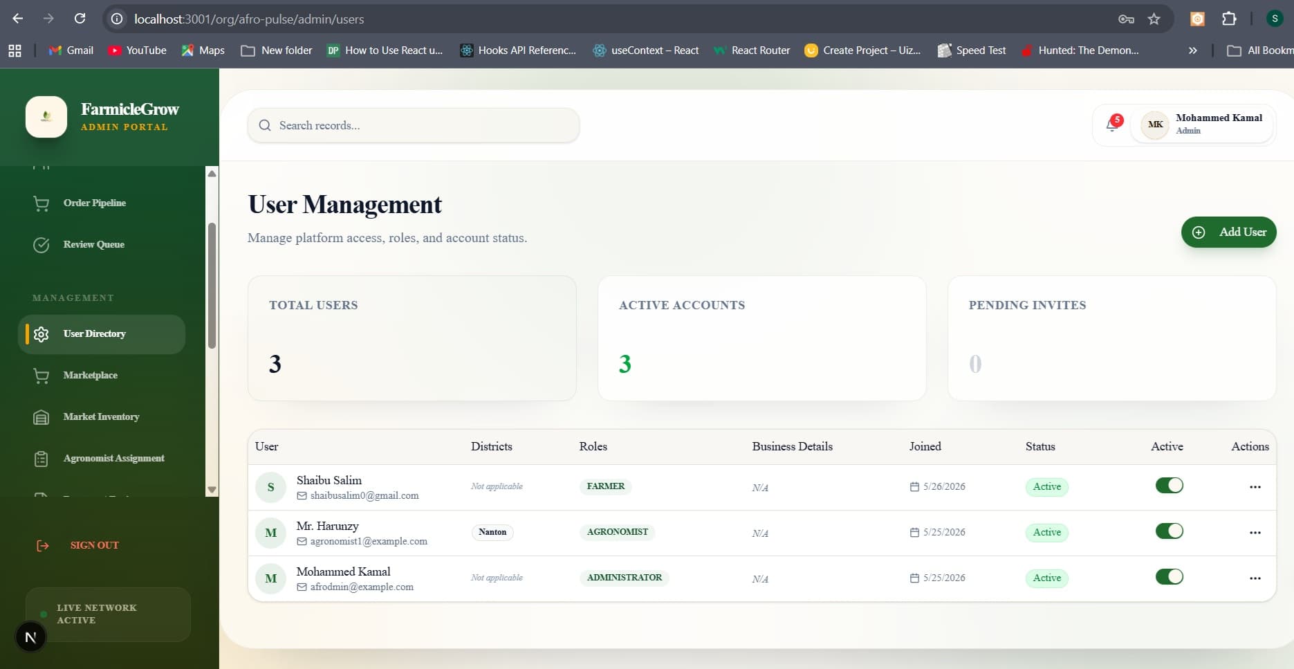Farmer registry screenshot